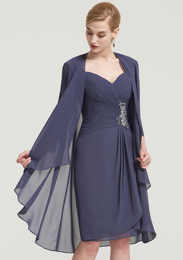 Knee-Length Chiffon Mother of the Bride Dress with Pleated Beading Appliqued, 3/4 Sleeve Scalloped Neck Sheath/Column BM bride