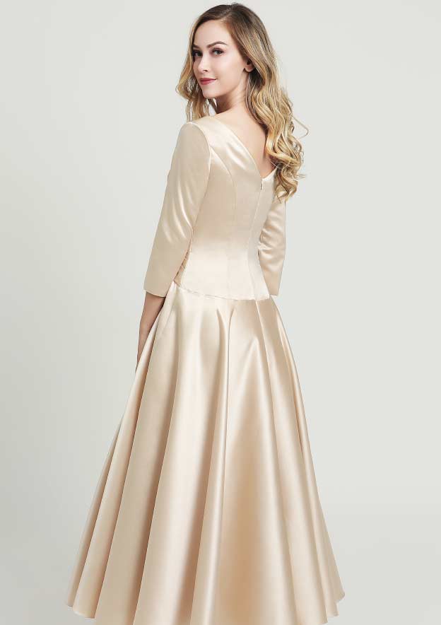 Ankle-Length Satin Mother of the Bride Dress with Pleated, 3/4 Sleeve V Neck A-line BM bride