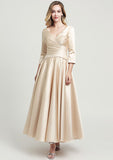 Ankle-Length Satin Mother of the Bride Dress with Pleated, 3/4 Sleeve V Neck A-line BM bride