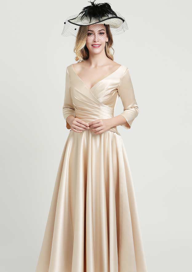 Ankle-Length Satin Mother of the Bride Dress with Pleated, 3/4 Sleeve V Neck A-line BM bride