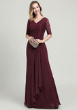 Long/Floor-Length Chiffon Mother of the Bride Dress with Ruffles Pleated Lace, Half Sleeve V Neck A-line BM bride