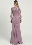 Sheath/Column Long/Floor-Length Chiffon Mother of the Bride Dress with Ruffles Lace Pleated, 3/4 Sleeve Sweetheart BM bride