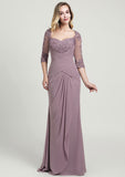 Sheath/Column Long/Floor-Length Chiffon Mother of the Bride Dress with Ruffles Lace Pleated, 3/4 Sleeve Sweetheart BM bride