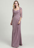 Sheath/Column Long/Floor-Length Chiffon Mother of the Bride Dress with Ruffles Lace Pleated, 3/4 Sleeve Sweetheart BM bride