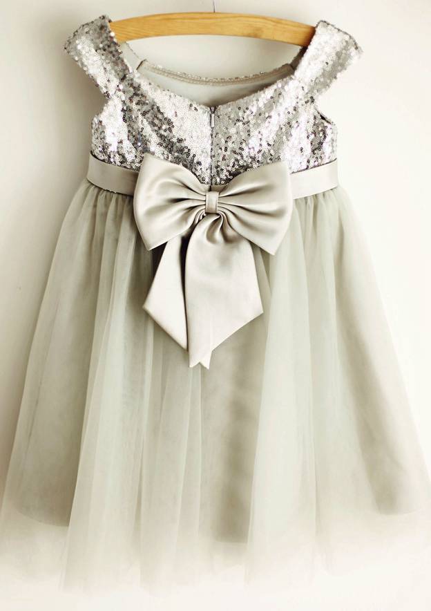 Tea-Length Lace Tulle Dress with Charming Bowknot - A-line/Princess Scoop Neck Flower Girl Dress