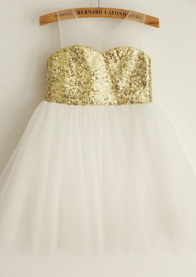 Knee-Length Tulle Sequined Flower Girl Dress with Floral Sashes - A-line/Princess Scoop Neck