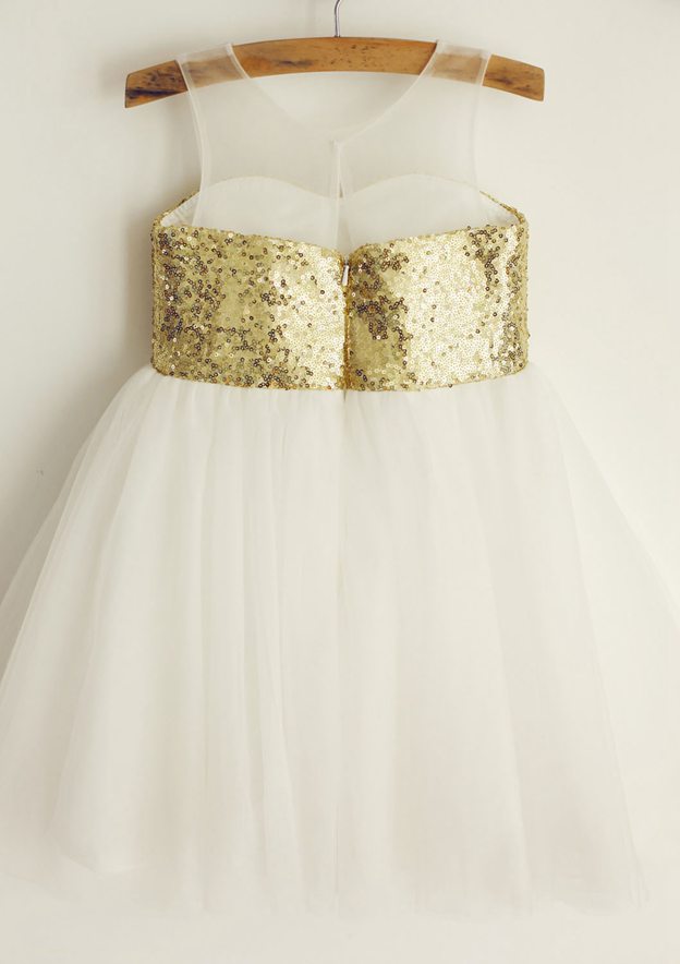 Knee-Length Tulle Sequined Flower Girl Dress with Floral Sashes - A-line/Princess Scoop Neck