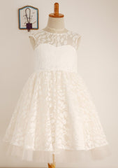 Tea-Length Lace A-line/Princess Scoop Neck Flower Girl Dress