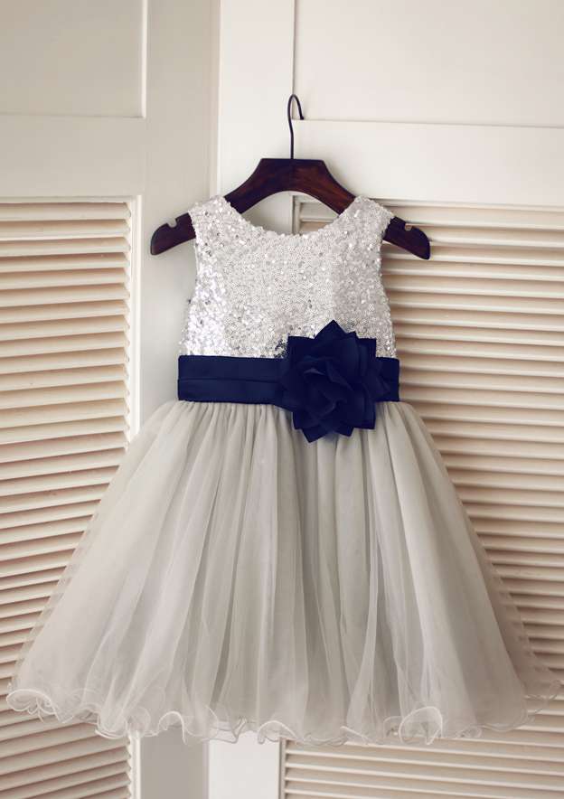 Tea-Length Lace Tulle Flower Girl Dress with Appliqued Details - A-line/Princess Illusion Neck