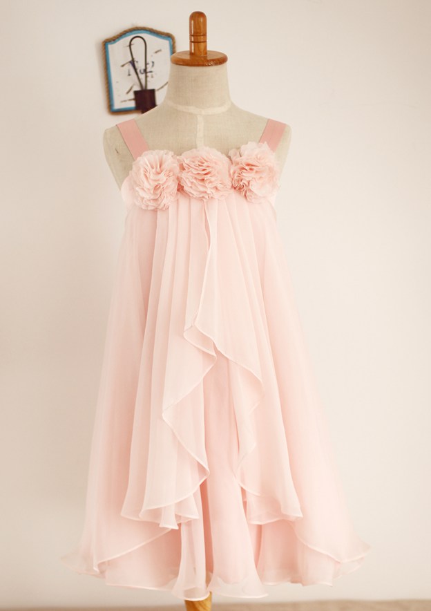 Asymmetrical Chiffon Flower Girl Dress with Delicate Floral Accents - A-line/Princess Square Neckline