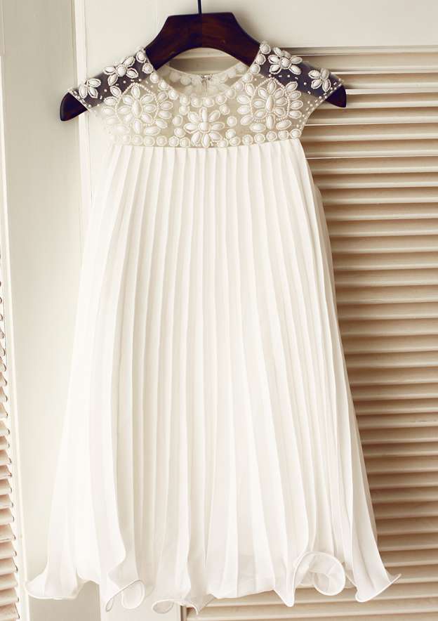 Knee-Length Chiffon Flower Girl Dress with Sparkling Beading and Rhinestone - A-line/Princess Scoop Neck