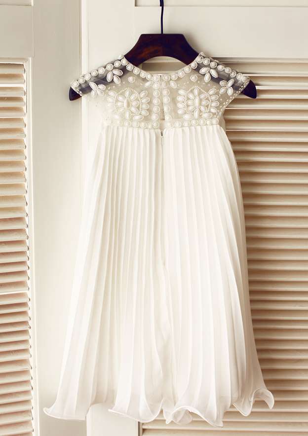 Knee-Length Chiffon Flower Girl Dress with Sparkling Beading and Rhinestone - A-line/Princess Scoop Neck