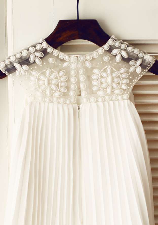 Knee-Length Chiffon Flower Girl Dress with Sparkling Beading and Rhinestone - A-line/Princess Scoop Neck