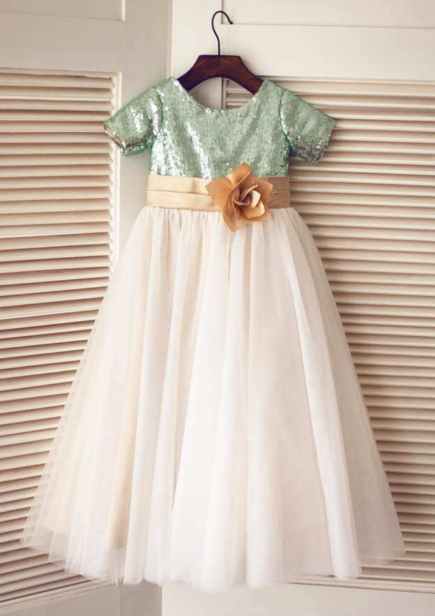 Ankle-Length Tulle Sequined Flower Girl Dress - A-line/Princess Square Neckline