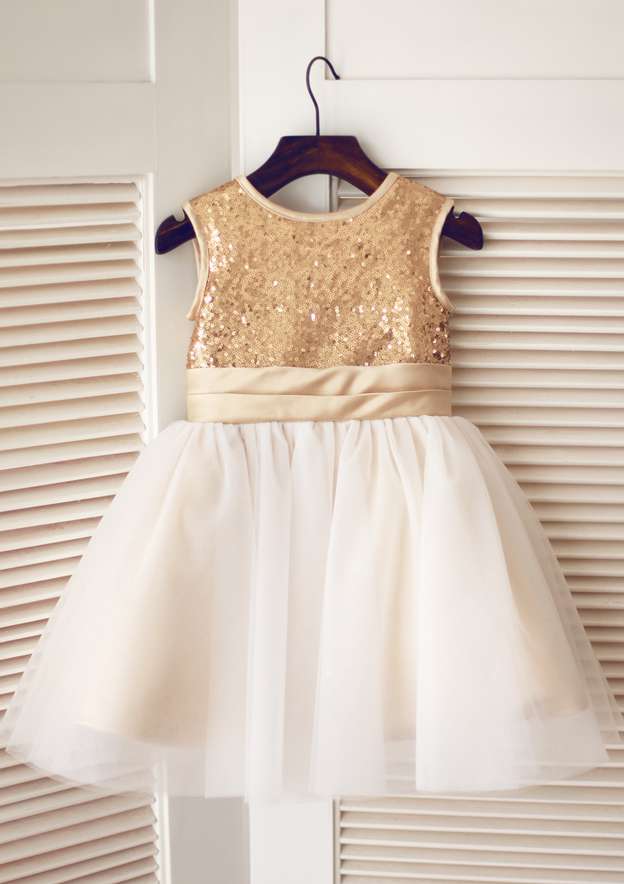 Short/Mini Sequined Tulle Dress with Adorable Bowknot - A-line/Princess Scoop Neck Flower Girl Dress