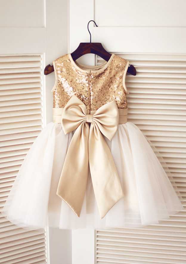 Short/Mini Sequined Tulle Dress with Adorable Bowknot - A-line/Princess Scoop Neck Flower Girl Dress