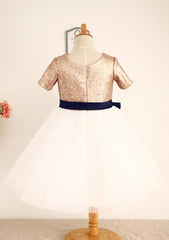 Tea-Length Sequined Tulle Flower Girl Dress with Stylish Sashes - A-line/Princess Scoop Neck