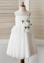 Tea-Length Lace and Tulle Dress with Floral Details - A-line/Princess Scoop Neck Flower Girl Dress