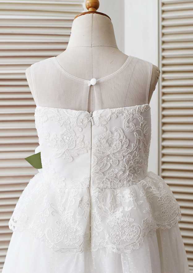 Tea-Length Lace and Tulle Dress with Floral Details - A-line/Princess Scoop Neck Flower Girl Dress