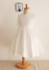 Tea-Length Lace and Taffeta Dress with Bowknot - A-line/Princess Half Sleeve Scoop Neck Flower Girl Dress