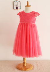 Tea-Length Lace and Tulle A-line/Princess Scoop Neck Flower Girl Dress