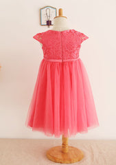 Tea-Length Lace and Tulle A-line/Princess Scoop Neck Flower Girl Dress