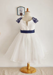 Tea-Length Lace and Organza Dress with Appliqu¨¦ Details - A-line/Princess Scoop Neck Flower Girl Dress