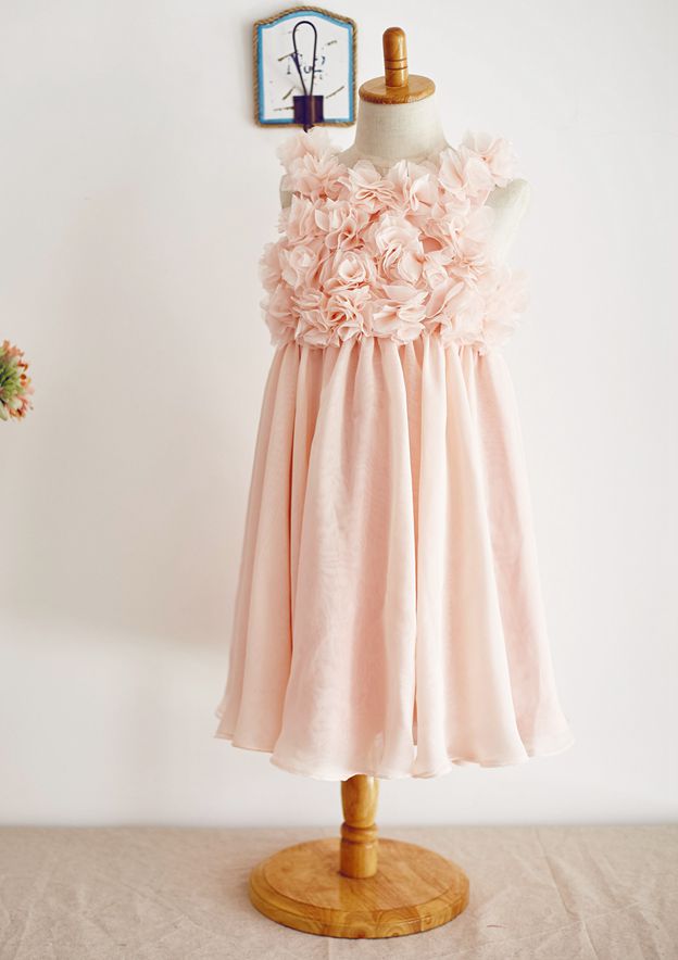 Tea-Length Chiffon Dress with Lovely Floral Accents - A-line/Princess Scoop Neck Flower Girl Dress