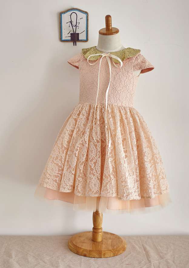 Knee-Length Lace and Tulle Dress with Bowknot Sequins - A-line/Princess Scoop Neck Flower Girl Dress