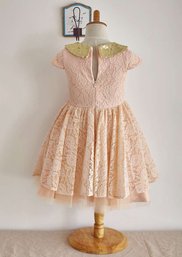 Knee-Length Lace and Tulle Dress with Bowknot Sequins - A-line/Princess Scoop Neck Flower Girl Dress