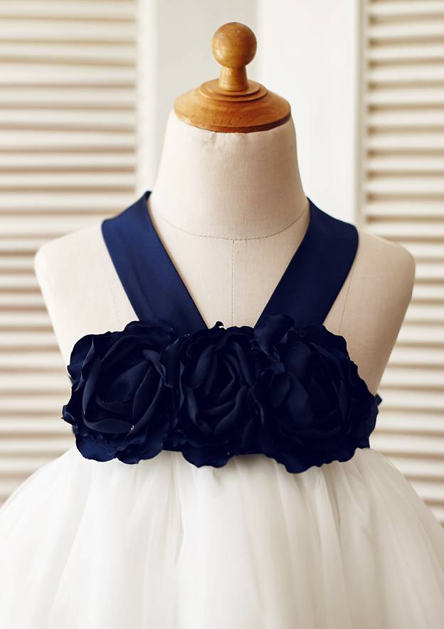 Knee-Length Satin and Tulle Flower Girl Dress with Floral Accents - A-line/Princess Halter Neck