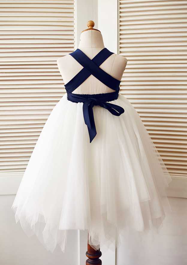 Knee-Length Satin and Tulle Flower Girl Dress with Floral Accents - A-line/Princess Halter Neck