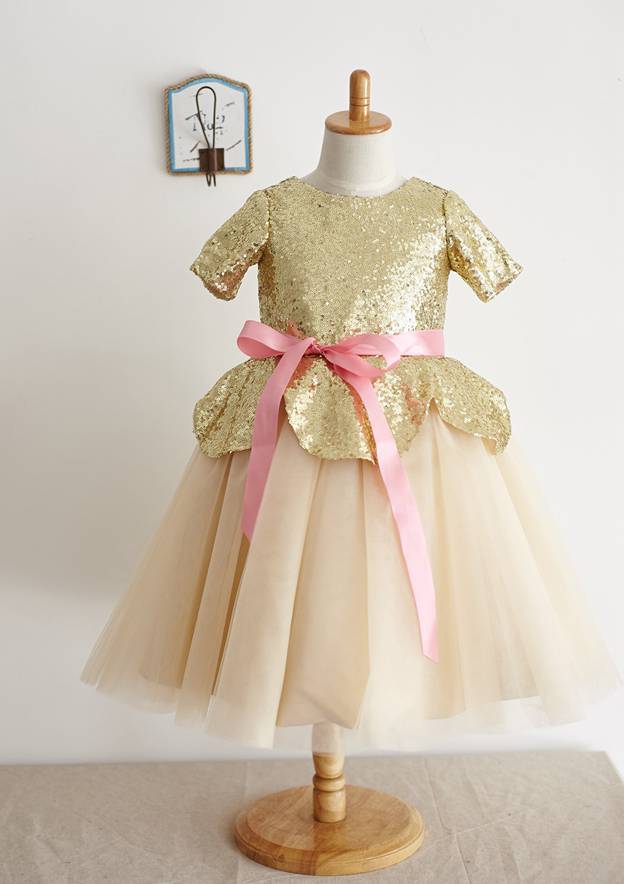 Short Sleeve Knee-Length Sequined Tulle Dress with Stylish Sashes - A-line/Princess Scoop Neck Flower Girl Dress