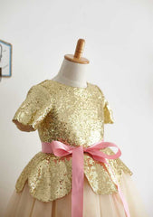 Short Sleeve Knee-Length Sequined Tulle Dress with Stylish Sashes - A-line/Princess Scoop Neck Flower Girl Dress