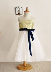 Tea-Length Sequined Tulle Flower Girl Dress with Elegant Sashes - A-line/Princess Illusion Neck