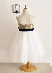 Tea-Length Sequined Tulle Flower Girl Dress with Elegant Sashes - A-line/Princess Illusion Neck