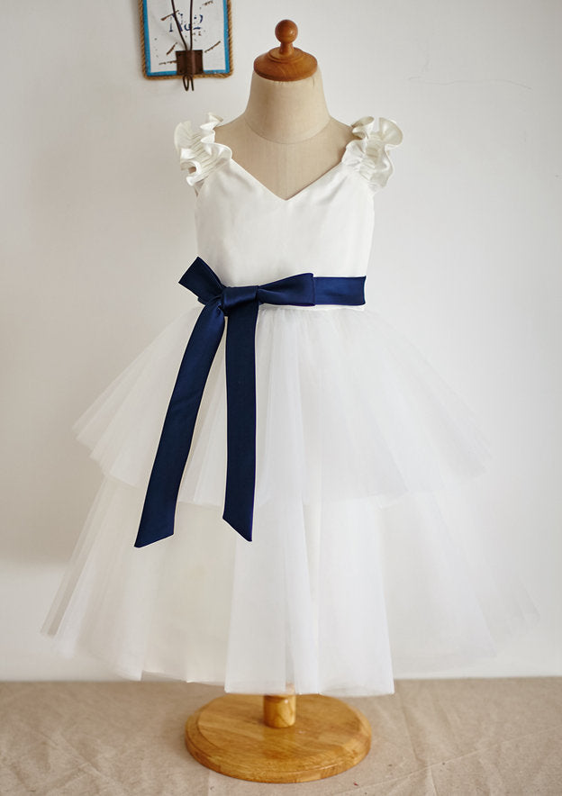 Ankle-Length Tulle Flower Girl Dress with Chic Sashes - A-line/Princess V Neck