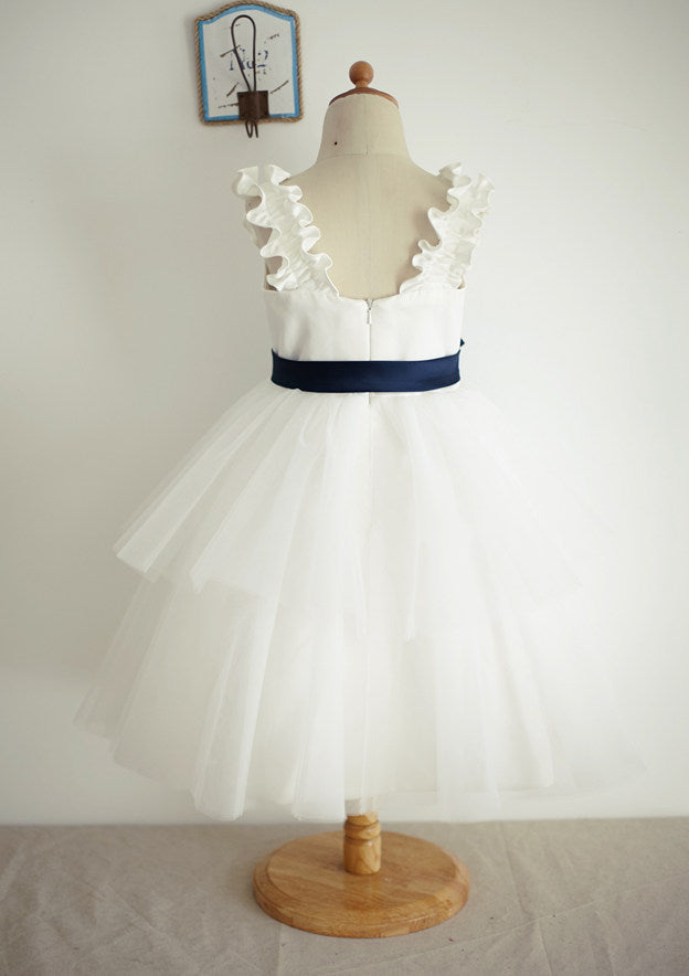 Ankle-Length Tulle Flower Girl Dress with Chic Sashes - A-line/Princess V Neck