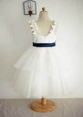 Ankle-Length Tulle Flower Girl Dress with Chic Sashes - A-line/Princess V Neck