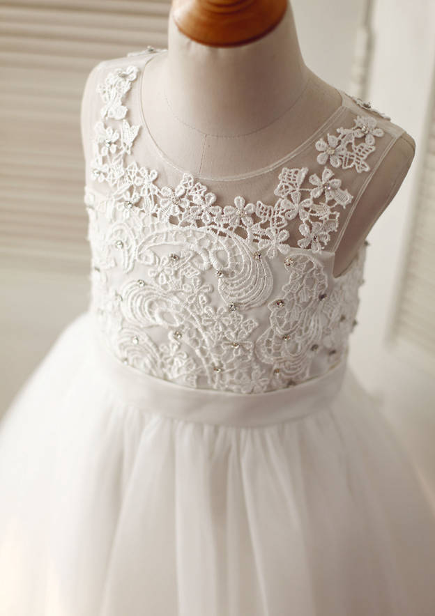 Ankle-Length Lace and Tulle Flower Girl Dress with Delicate Lace - A-line/Princess Illusion Neck