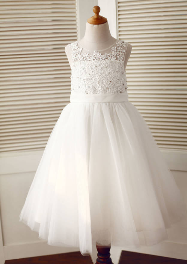 Ankle-Length Lace and Tulle Flower Girl Dress with Delicate Lace - A-line/Princess Illusion Neck