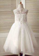 Ankle-Length Lace and Tulle Flower Girl Dress with Delicate Lace - A-line/Princess Illusion Neck