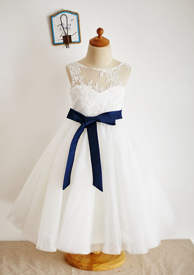 Ankle-Length Lace and Tulle Flower Girl Dress with Elegant Sashes - A-line/Princess Illusion Neck