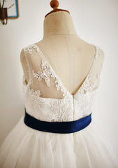 Ankle-Length Lace and Tulle Flower Girl Dress with Elegant Sashes - A-line/Princess Illusion Neck