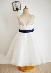 Ankle-Length Lace and Tulle Flower Girl Dress with Elegant Sashes - A-line/Princess Illusion Neck