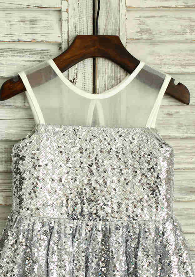 Short/Mini Sequined Flower Girl Dress with Elegant Illusion Neck - A-line/Princess