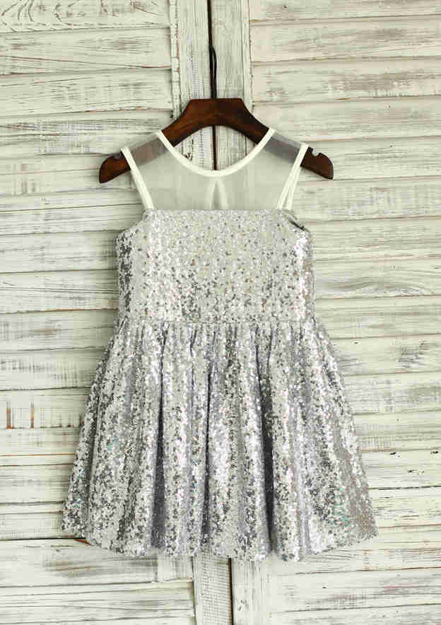 Short/Mini Sequined Flower Girl Dress with Elegant Illusion Neck - A-line/Princess