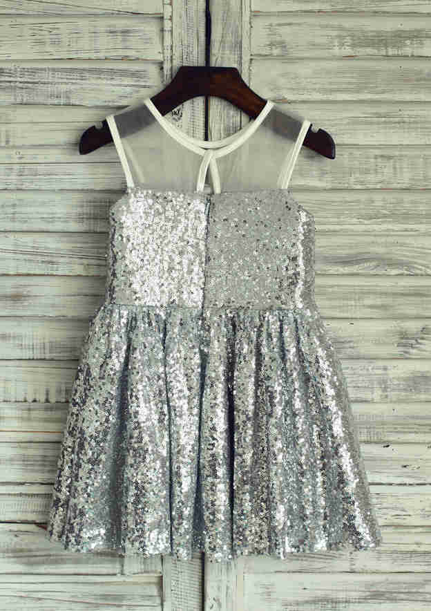 Short/Mini Sequined Flower Girl Dress with Elegant Illusion Neck - A-line/Princess