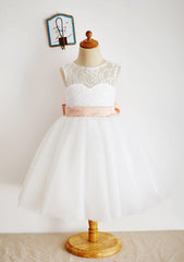 Tea-Length Lace and Tulle Flower Girl Dress with Bowknot Sashes - A-line/Princess Scoop Neck