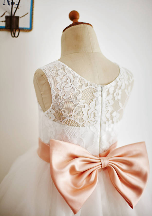 Tea-Length Lace and Tulle Flower Girl Dress with Bowknot Sashes - A-line/Princess Scoop Neck